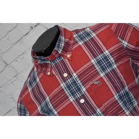 Abercrombie & Fitch Dress Shirt Mens Size 2XL Muscle Fit Red Blue Plaid - Picture 2 of 6